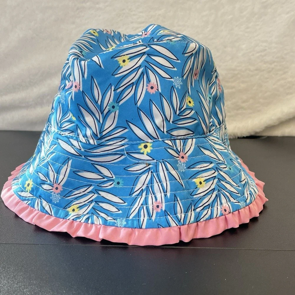 UV Skinz Girls 4T Bucket Sun Hat Floral Pink Blue White Ruffles Beach Tropical